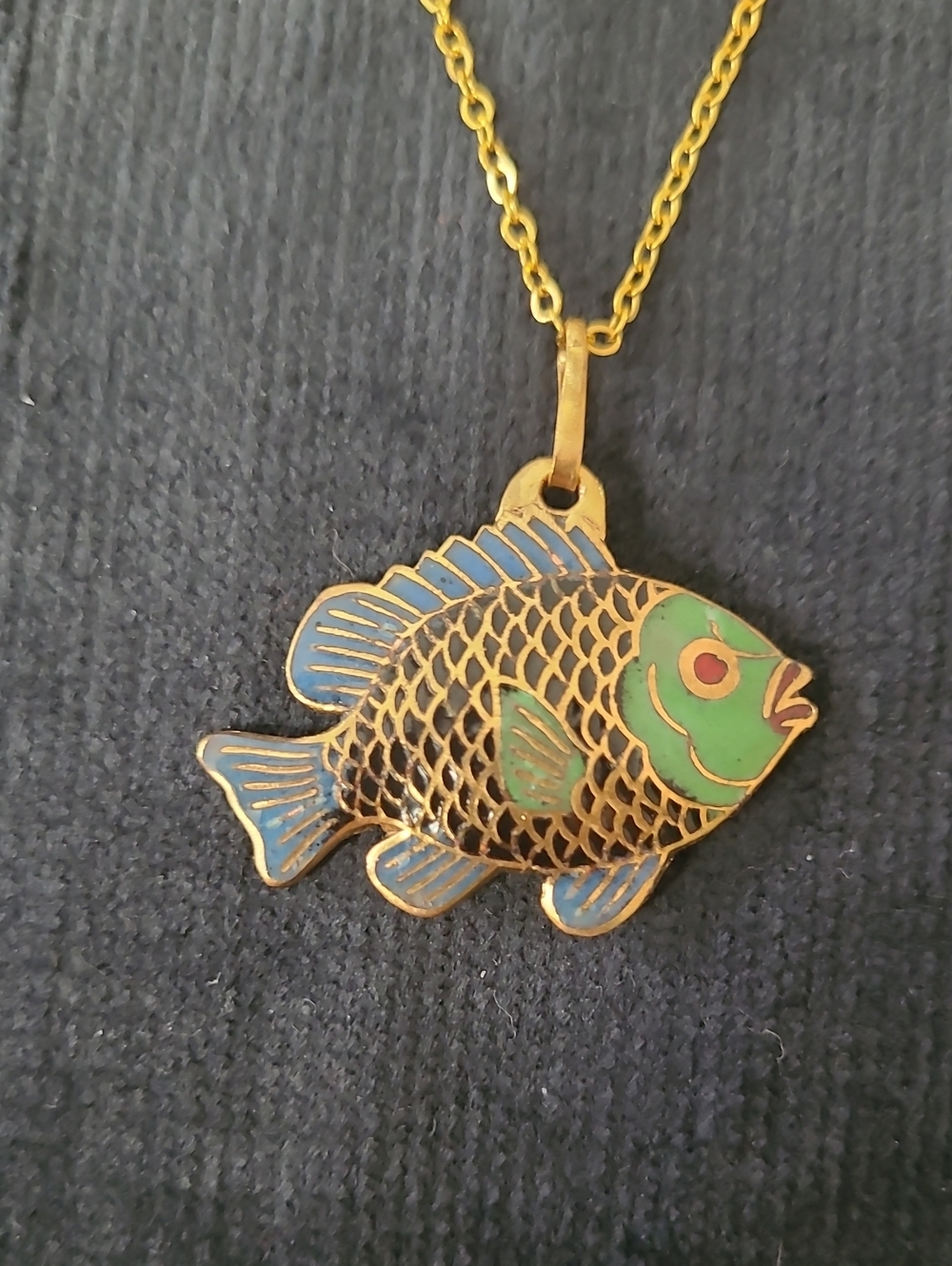 Cloisonne Enamel Green & Blue Fish Pendant on Goldtone Chain